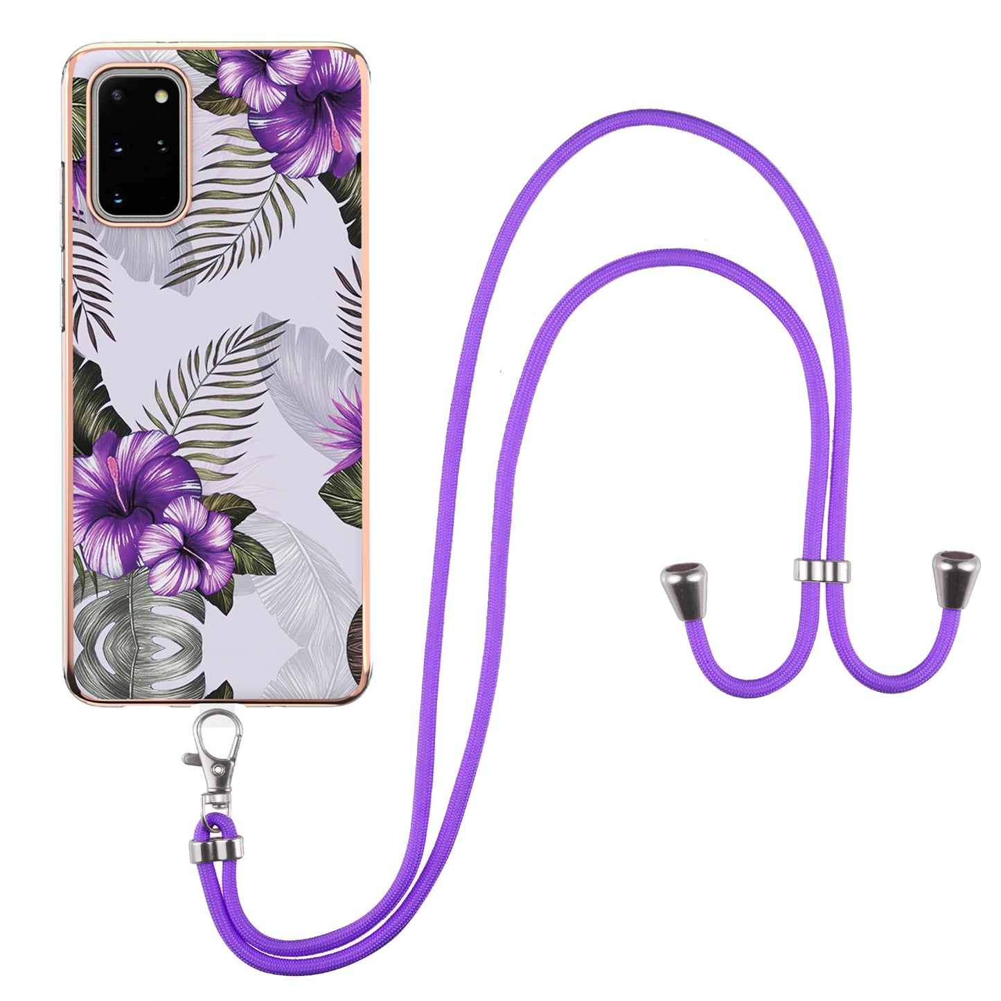 IMD IML TPU Phone Shell Drop-Proof Flexible Electroplating Case with Marble Flower Pattern + Shoulder Strap for Samsung Galaxy S20 Plus 4G/5G - Purple Flowers