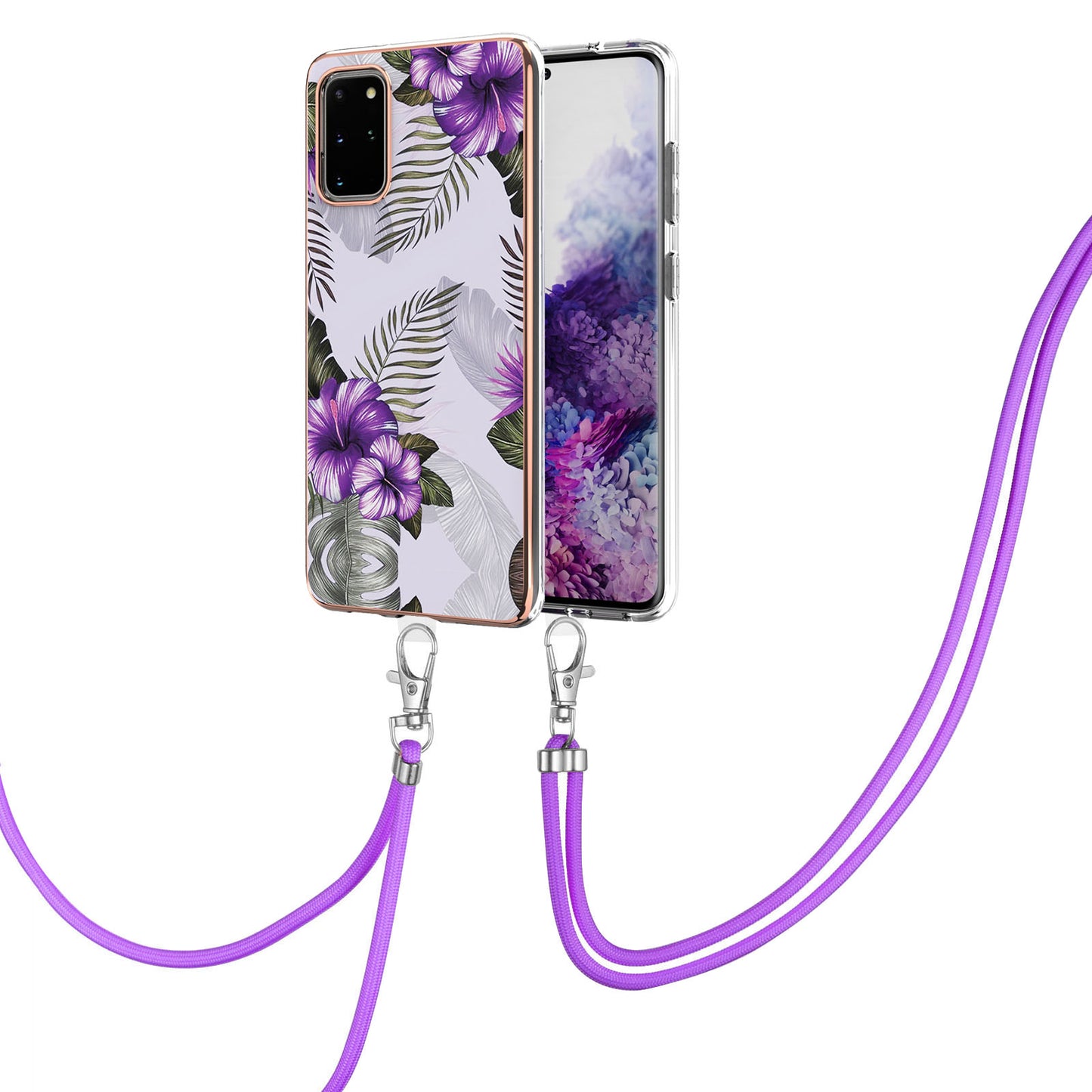 IMD IML TPU Phone Shell Drop-Proof Flexible Electroplating Case with Marble Flower Pattern + Shoulder Strap for Samsung Galaxy S20 Plus 4G/5G - Purple Flowers