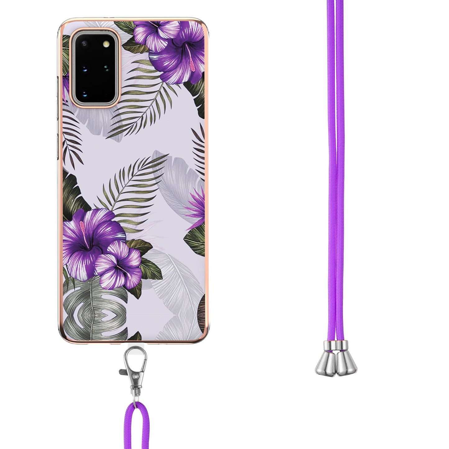 IMD IML TPU Phone Shell Drop-Proof Flexible Electroplating Case with Marble Flower Pattern + Shoulder Strap for Samsung Galaxy S20 Plus 4G/5G - Purple Flowers
