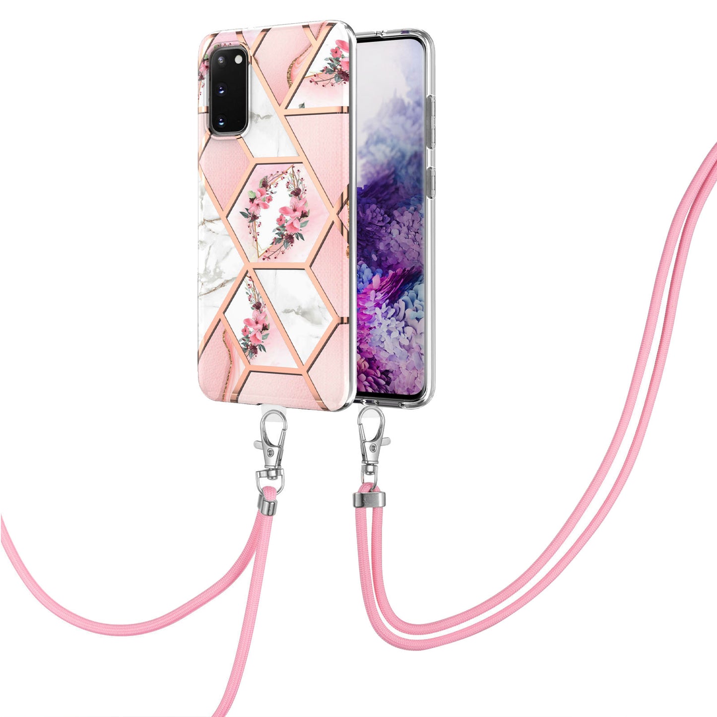 IMD IML TPU Phone Shell Electroplating Flexible Case with Marble Flower Pattern + Long Lanyard for Samsung Galaxy S20 4G/S20 5G - Pink Flowers
