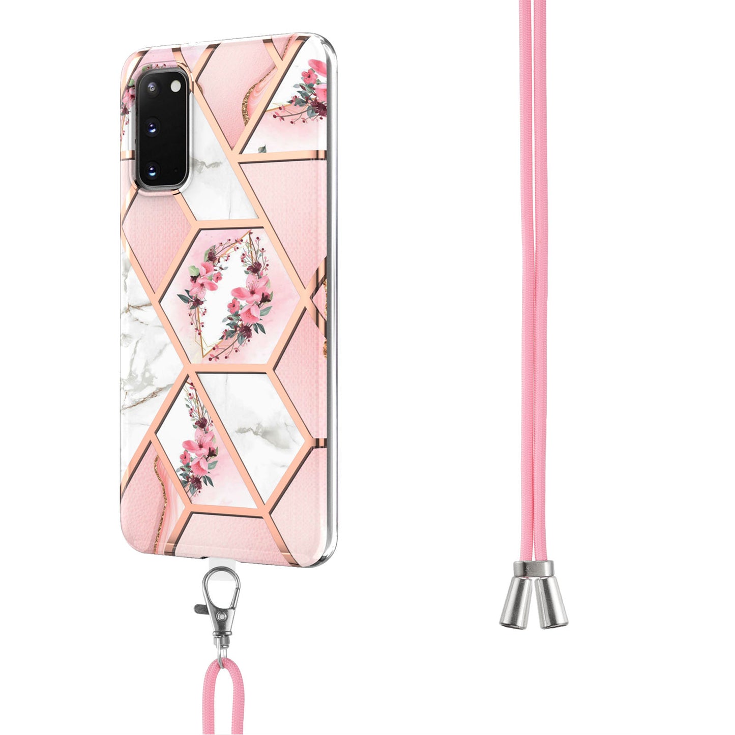 IMD IML TPU Phone Shell Electroplating Flexible Case with Marble Flower Pattern + Long Lanyard for Samsung Galaxy S20 4G/S20 5G - Pink Flowers