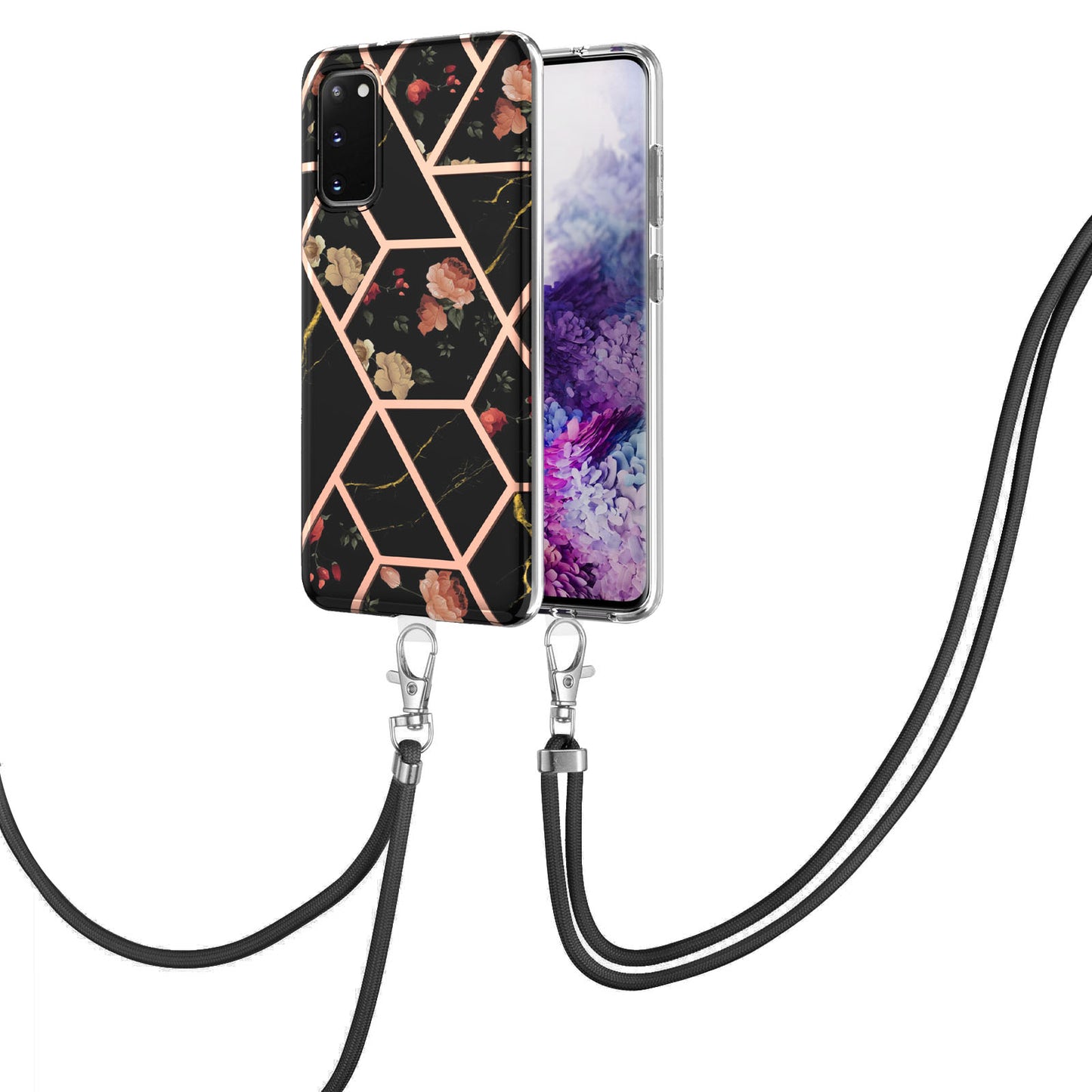 IMD IML TPU Phone Shell Electroplating Flexible Case with Marble Flower Pattern + Long Lanyard for Samsung Galaxy S20 4G/S20 5G - Black/Flowers