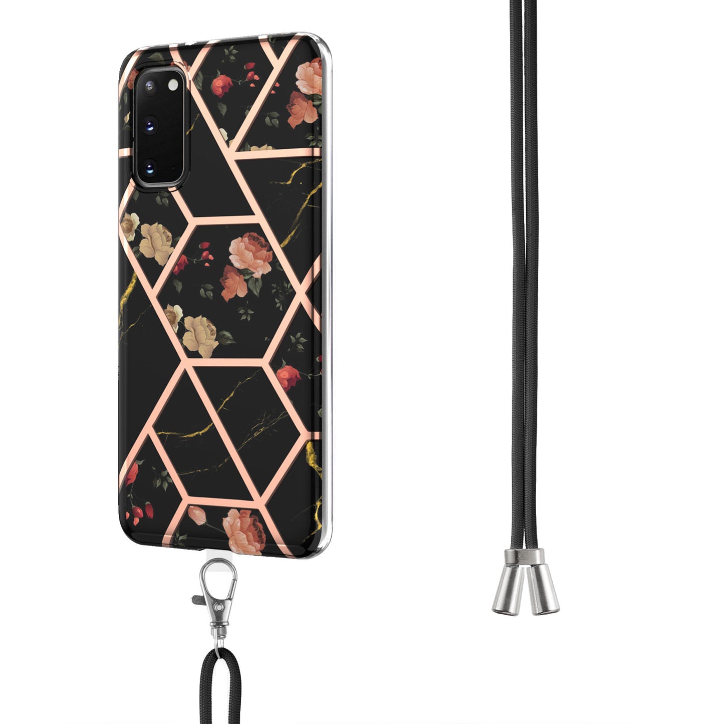 IMD IML TPU Phone Shell Electroplating Flexible Case with Marble Flower Pattern + Long Lanyard for Samsung Galaxy S20 4G/S20 5G - Black/Flowers