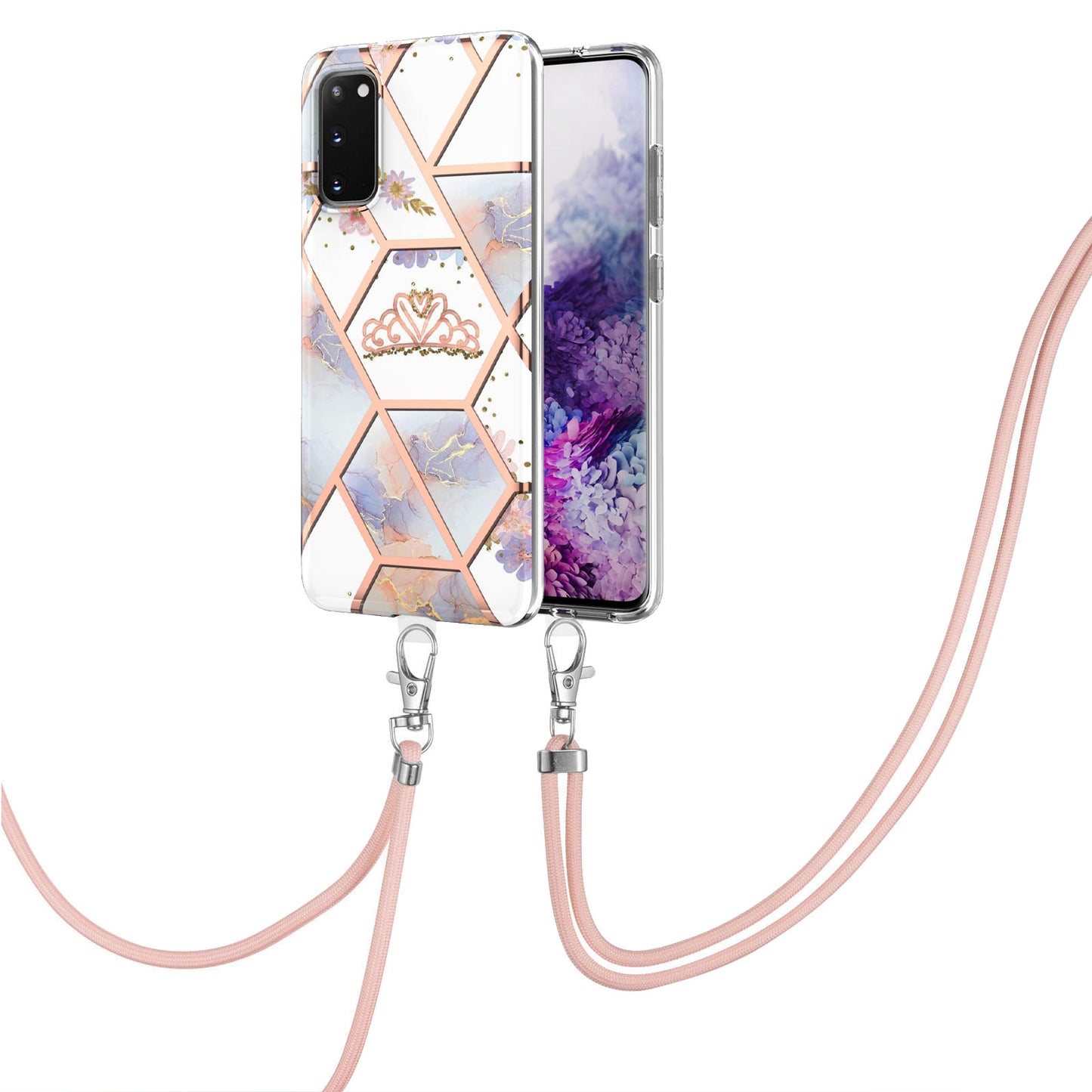 IMD IML TPU Phone Shell Electroplating Flexible Case with Marble Flower Pattern + Long Lanyard for Samsung Galaxy S20 4G/S20 5G - Crown