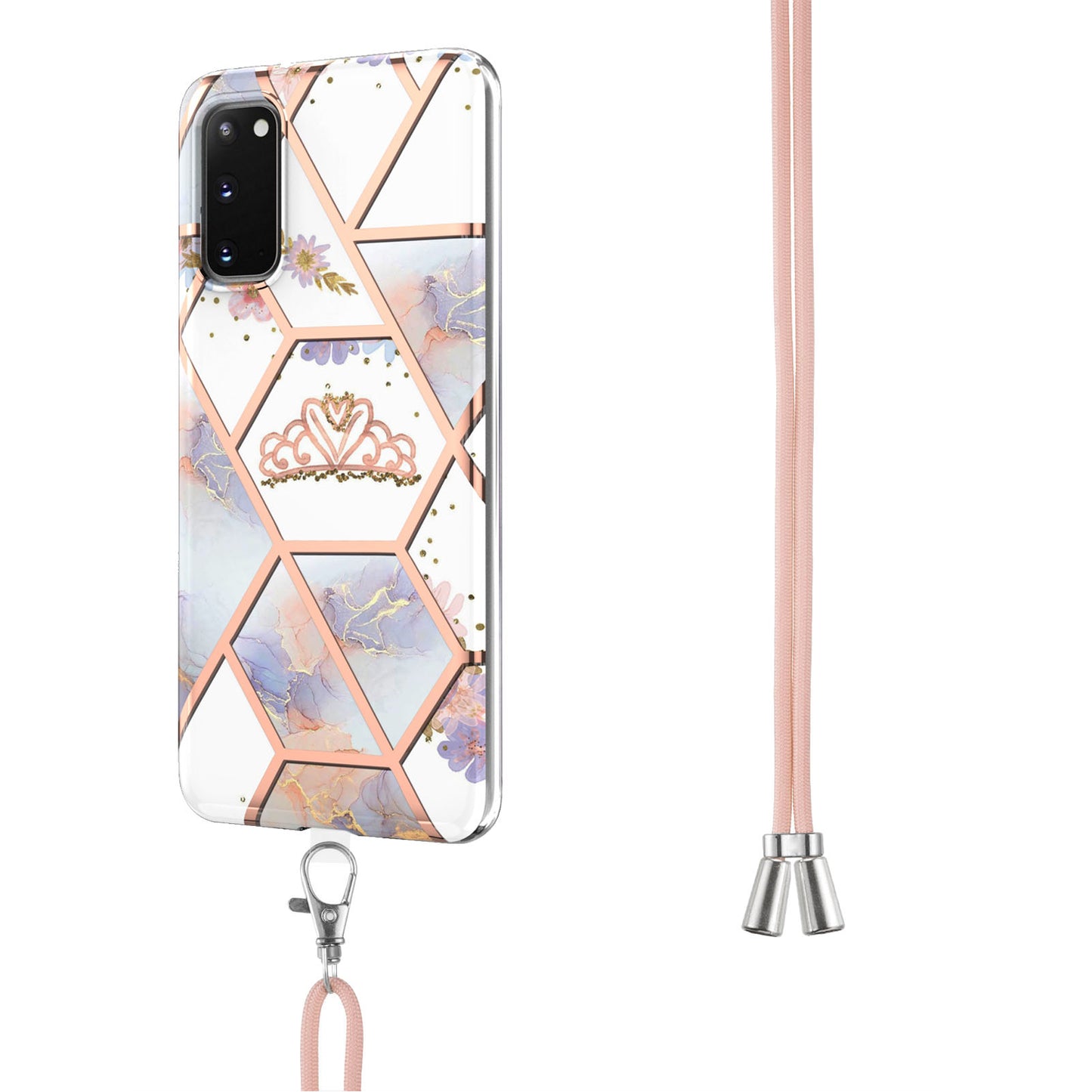 IMD IML TPU Phone Shell Electroplating Flexible Case with Marble Flower Pattern + Long Lanyard for Samsung Galaxy S20 4G/S20 5G - Crown