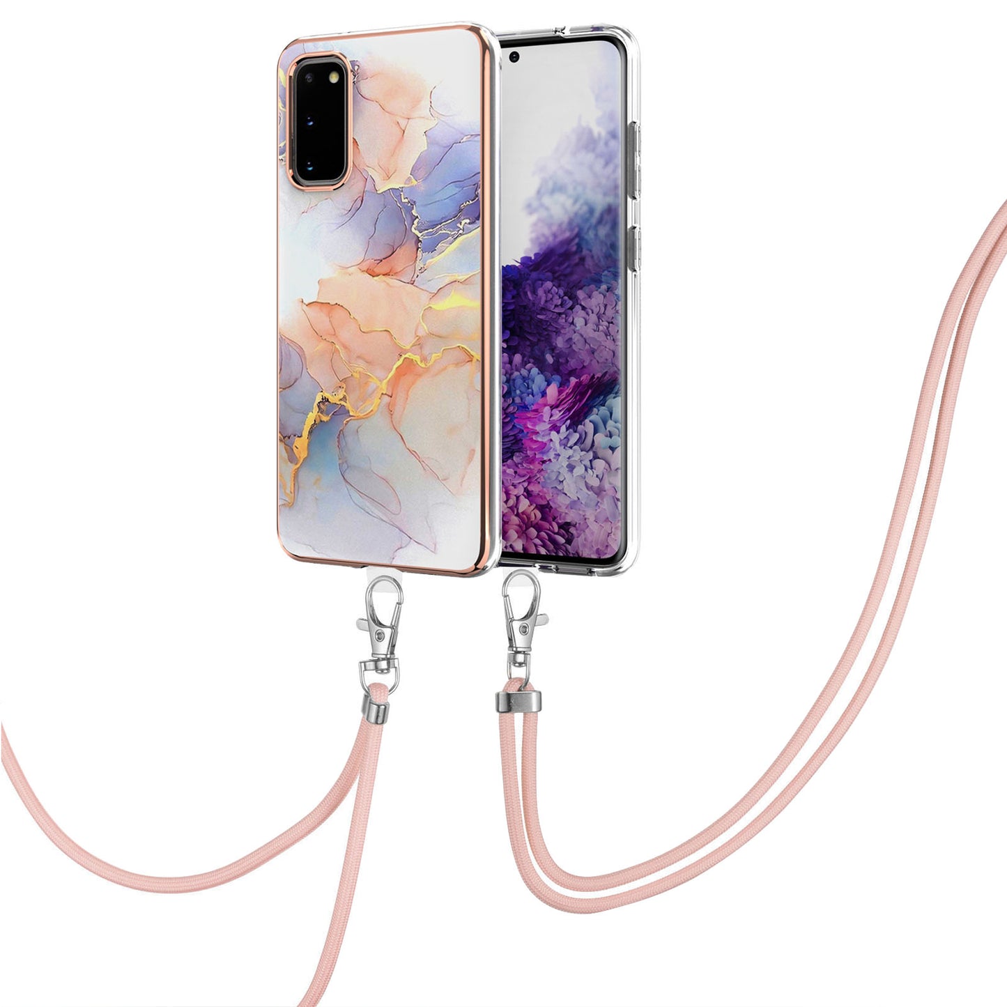 IMD IML TPU Phone Shell Electroplating Flexible Case with Marble Flower Pattern + Long Lanyard for Samsung Galaxy S20 4G/S20 5G - The Milky Way/Marble/White