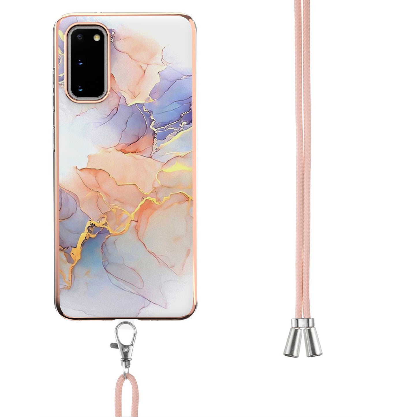 IMD IML TPU Phone Shell Electroplating Flexible Case with Marble Flower Pattern + Long Lanyard for Samsung Galaxy S20 4G/S20 5G - The Milky Way/Marble/White