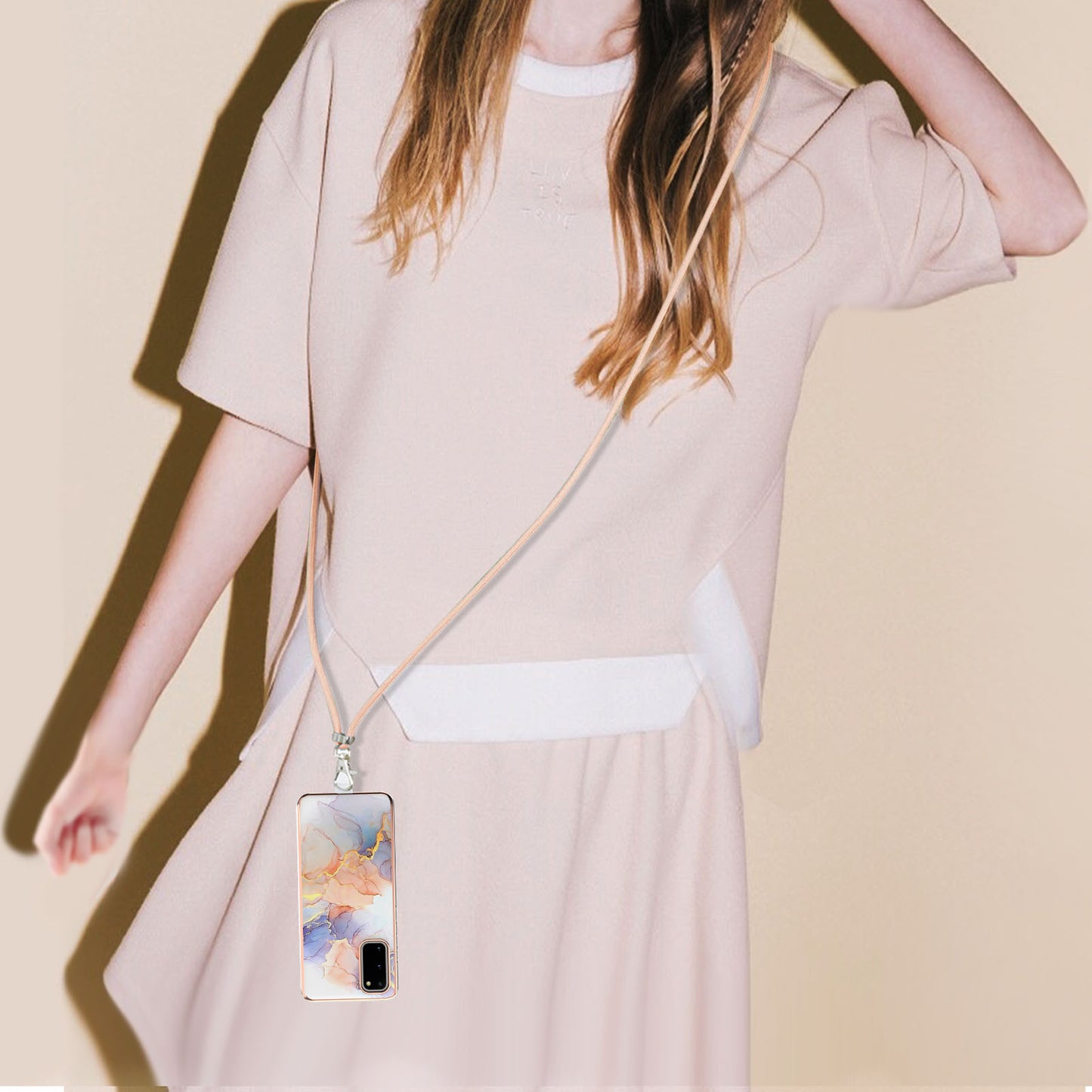 IMD IML TPU Phone Shell Electroplating Flexible Case with Marble Flower Pattern + Long Lanyard for Samsung Galaxy S20 4G/S20 5G - The Milky Way/Marble/White