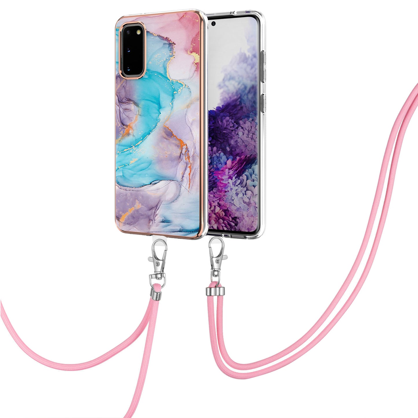 IMD IML TPU Phone Shell Electroplating Flexible Case with Marble Flower Pattern + Long Lanyard for Samsung Galaxy S20 4G/S20 5G - The Milky Way/Marble/Blue
