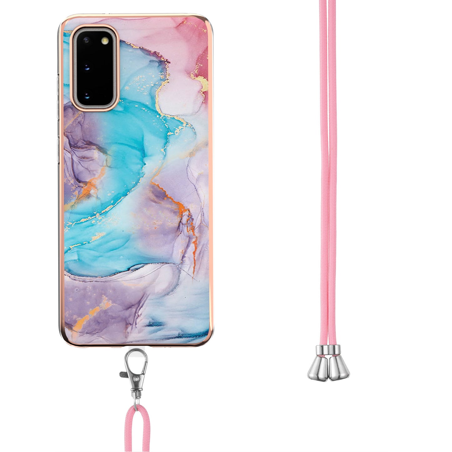IMD IML TPU Phone Shell Electroplating Flexible Case with Marble Flower Pattern + Long Lanyard for Samsung Galaxy S20 4G/S20 5G - The Milky Way/Marble/Blue