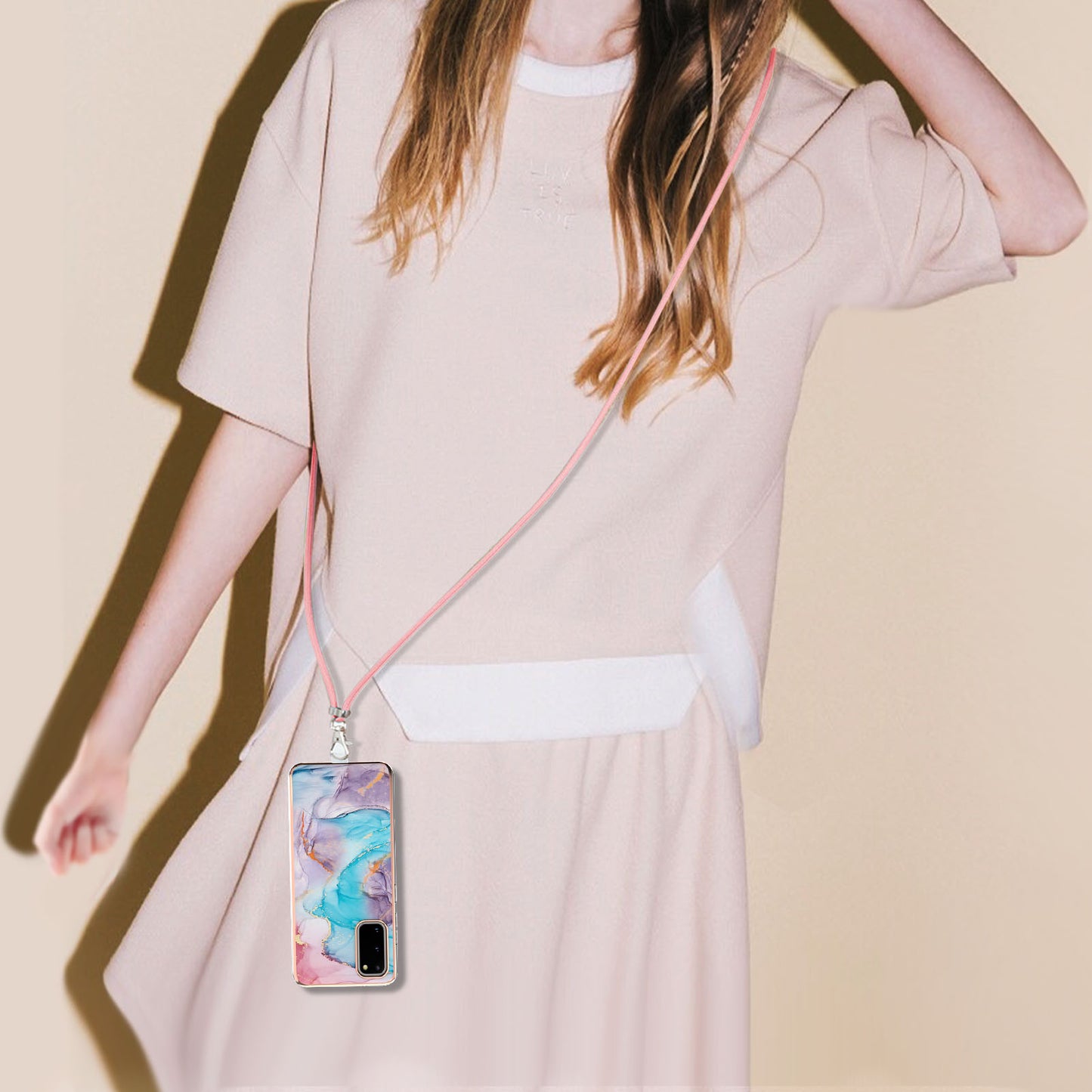 IMD IML TPU Phone Shell Electroplating Flexible Case with Marble Flower Pattern + Long Lanyard for Samsung Galaxy S20 4G/S20 5G - The Milky Way/Marble/Blue