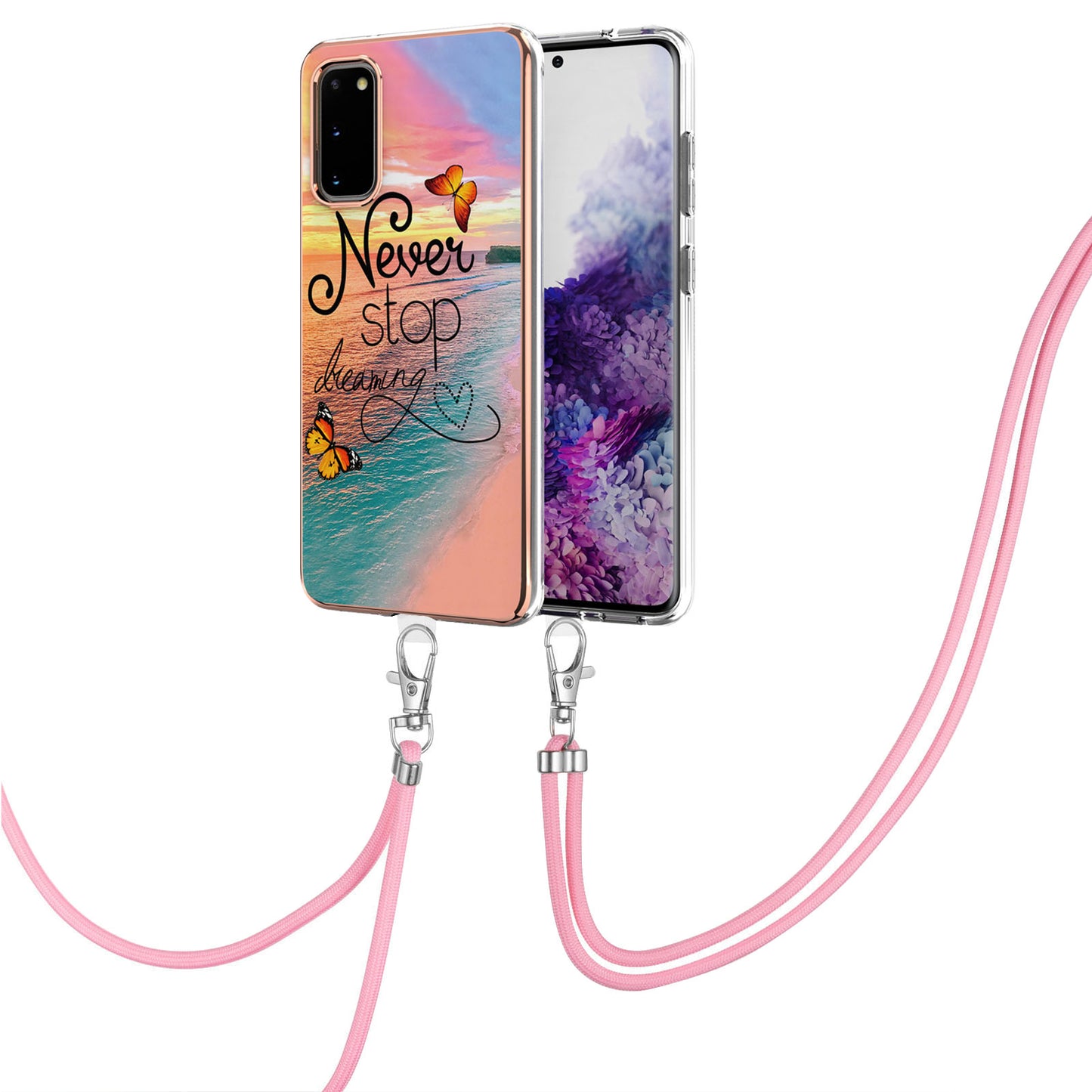 IMD IML TPU Phone Shell Electroplating Flexible Case with Marble Flower Pattern + Long Lanyard for Samsung Galaxy S20 4G/S20 5G - Dreaming Butterflies