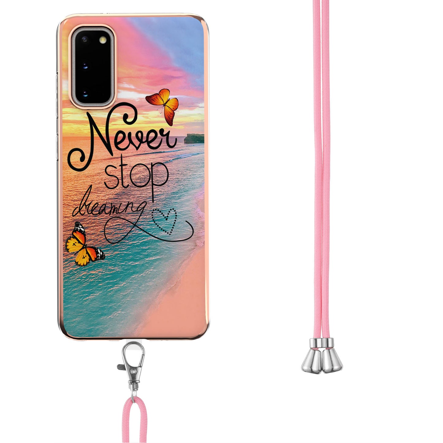 IMD IML TPU Phone Shell Electroplating Flexible Case with Marble Flower Pattern + Long Lanyard for Samsung Galaxy S20 4G/S20 5G - Dreaming Butterflies