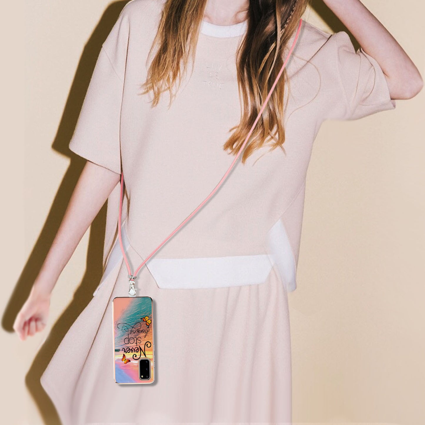 IMD IML TPU Phone Shell Electroplating Flexible Case with Marble Flower Pattern + Long Lanyard for Samsung Galaxy S20 4G/S20 5G - Dreaming Butterflies