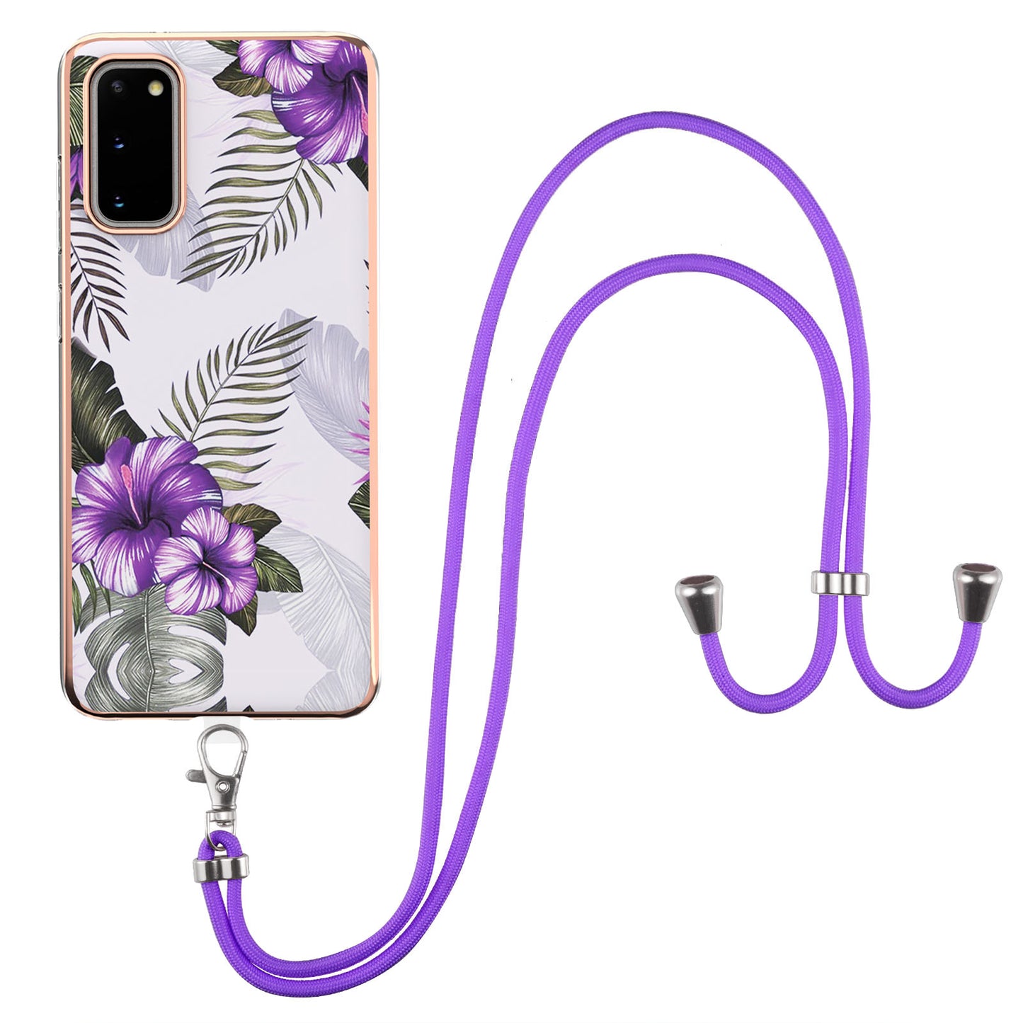 IMD IML TPU Phone Shell Electroplating Flexible Case with Marble Flower Pattern + Long Lanyard for Samsung Galaxy S20 4G/S20 5G - Purple Flowers
