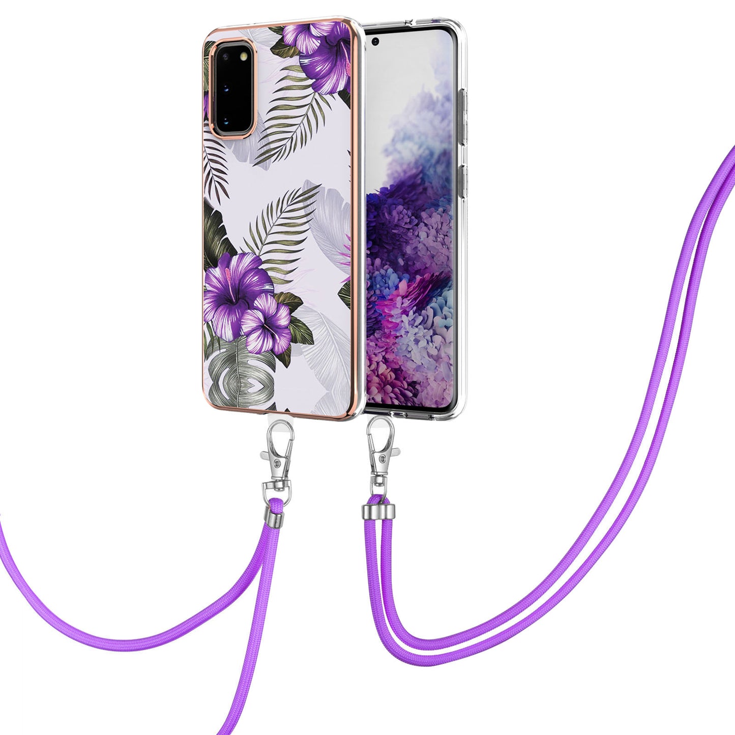 IMD IML TPU Phone Shell Electroplating Flexible Case with Marble Flower Pattern + Long Lanyard for Samsung Galaxy S20 4G/S20 5G - Purple Flowers