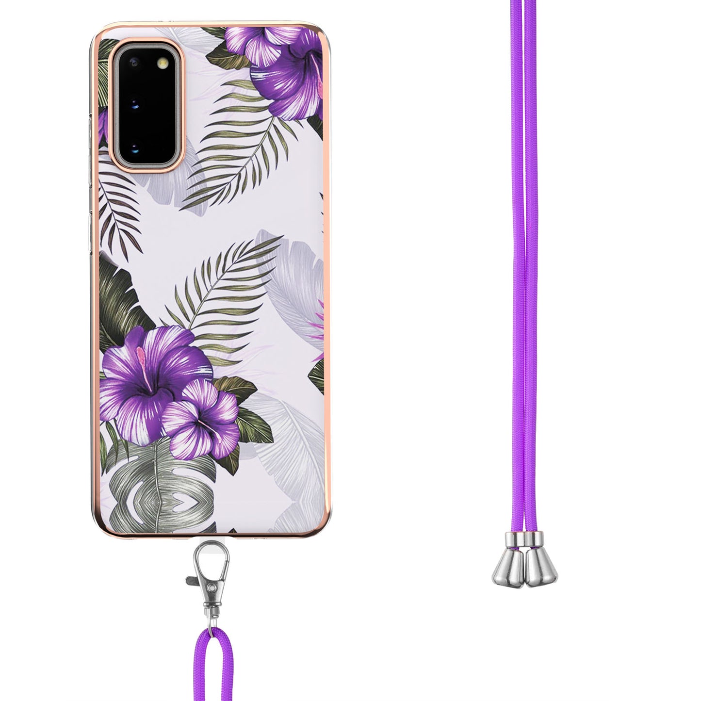IMD IML TPU Phone Shell Electroplating Flexible Case with Marble Flower Pattern + Long Lanyard for Samsung Galaxy S20 4G/S20 5G - Purple Flowers