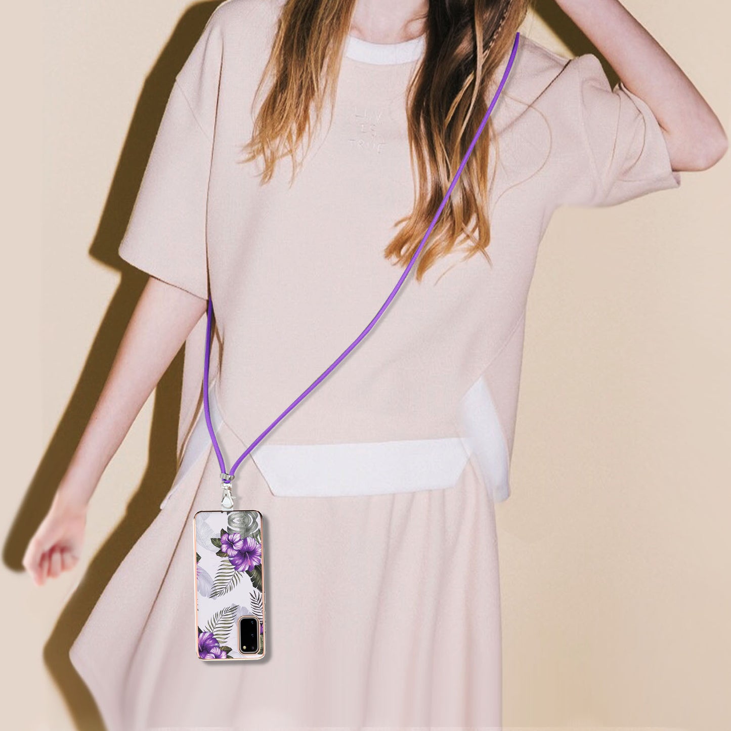 IMD IML TPU Phone Shell Electroplating Flexible Case with Marble Flower Pattern + Long Lanyard for Samsung Galaxy S20 4G/S20 5G - Purple Flowers