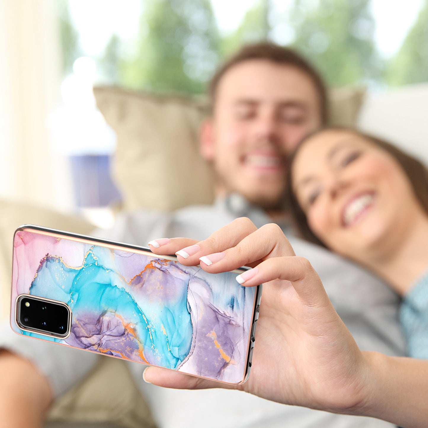 Lightweight Marble Design Electroplating Support Wireless Charging IMD IML Soft TPU Phone Case Cover for Samsung Galaxy S20 Plus 4G/5G - Milky Way Marble Blue