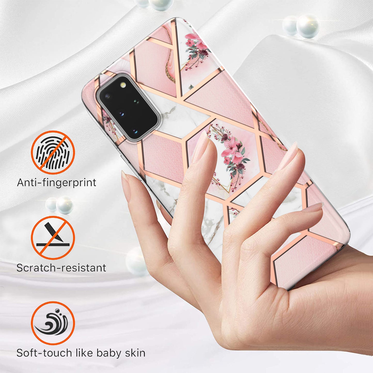Lightweight Marble Design Electroplating Support Wireless Charging IMD IML Soft TPU Phone Case Cover for Samsung Galaxy S20 Plus 4G/5G - Pink Flowers