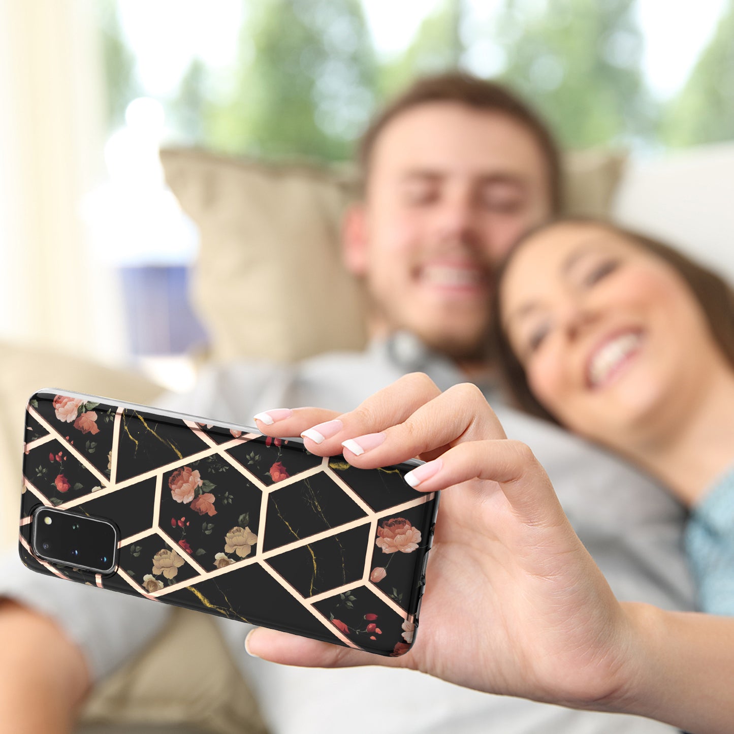 Lightweight Marble Design Electroplating Support Wireless Charging IMD IML Soft TPU Phone Case Cover for Samsung Galaxy S20 Plus 4G/5G - Black Flowers