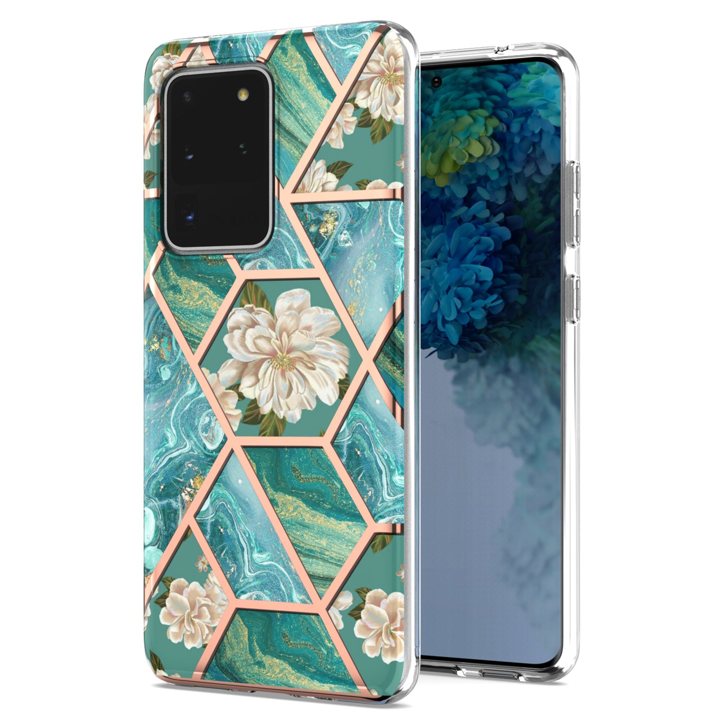 Light Slim Marble Design Electroplating Skin Touch IMD IML Soft TPU Phone Case Cover for Samsung Galaxy S20 Ultra - Blue Flowers