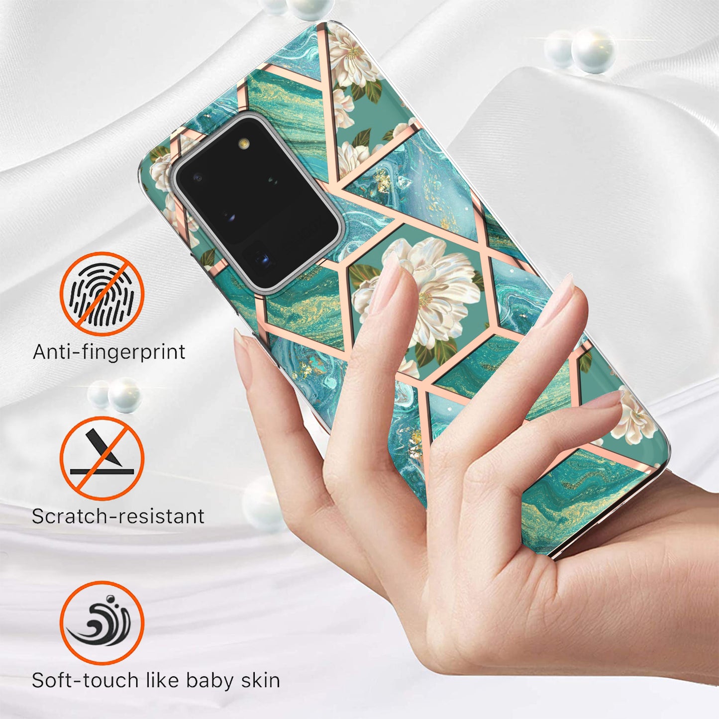 Light Slim Marble Design Electroplating Skin Touch IMD IML Soft TPU Phone Case Cover for Samsung Galaxy S20 Ultra - Blue Flowers