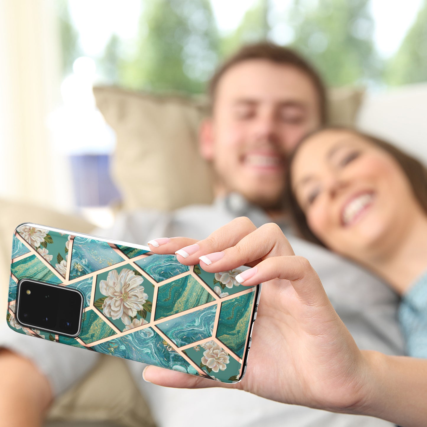 Light Slim Marble Design Electroplating Skin Touch IMD IML Soft TPU Phone Case Cover for Samsung Galaxy S20 Ultra - Blue Flowers