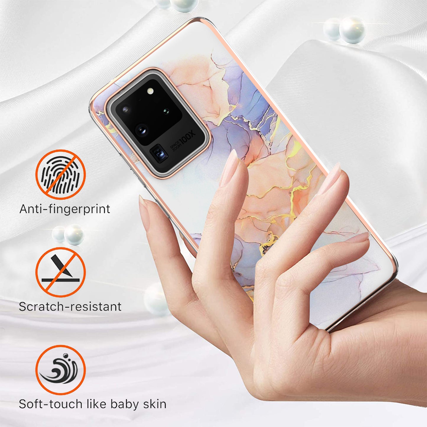 Light Slim Marble Design Electroplating Skin Touch IMD IML Soft TPU Phone Case Cover for Samsung Galaxy S20 Ultra - Milky Way Marble White