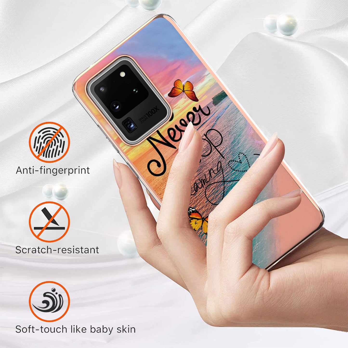 Light Slim Marble Design Electroplating Skin Touch IMD IML Soft TPU Phone Case Cover for Samsung Galaxy S20 Ultra - Never Stop Dreaming