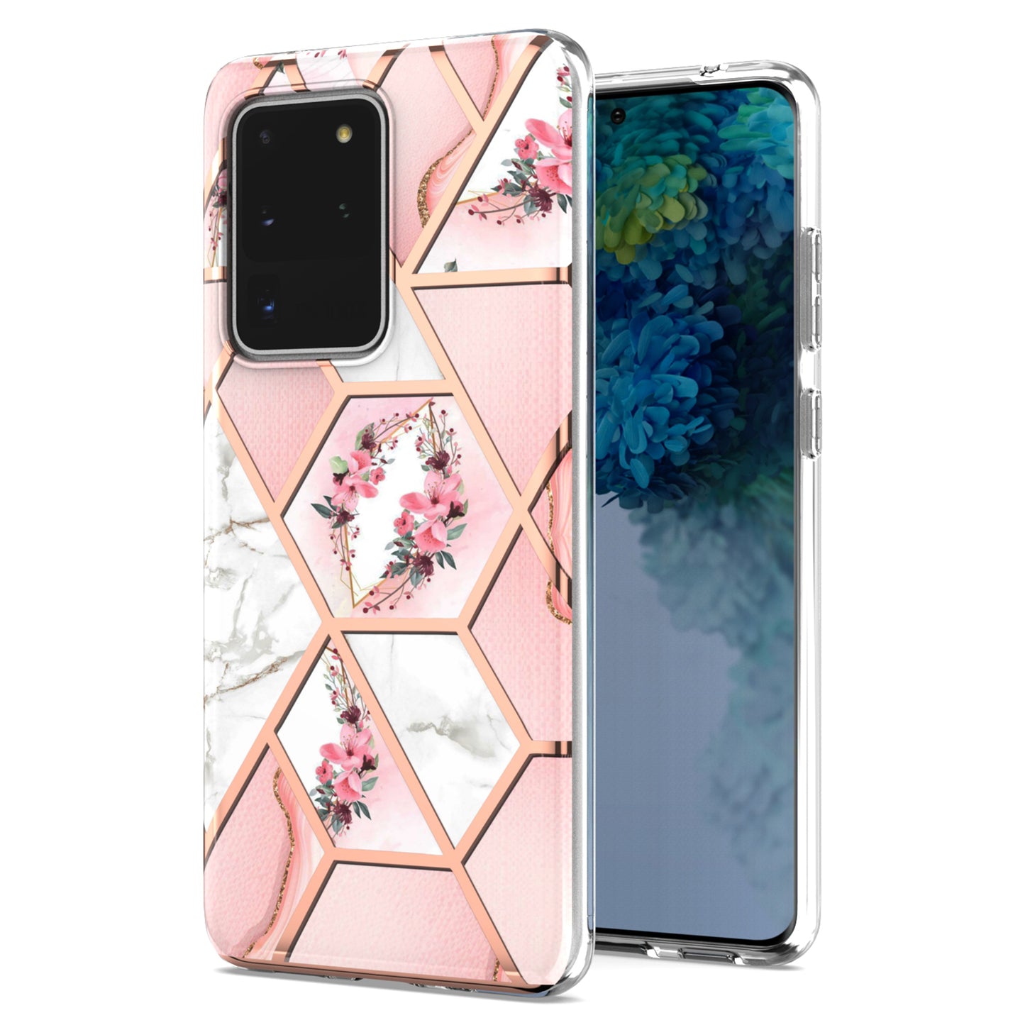 Light Slim Marble Design Electroplating Skin Touch IMD IML Soft TPU Phone Case Cover for Samsung Galaxy S20 Ultra - Pink Flowers
