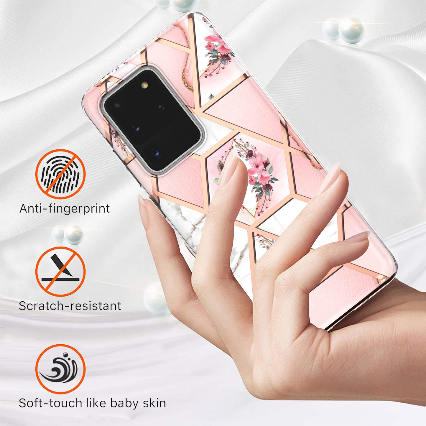 Light Slim Marble Design Electroplating Skin Touch IMD IML Soft TPU Phone Case Cover for Samsung Galaxy S20 Ultra - Pink Flowers