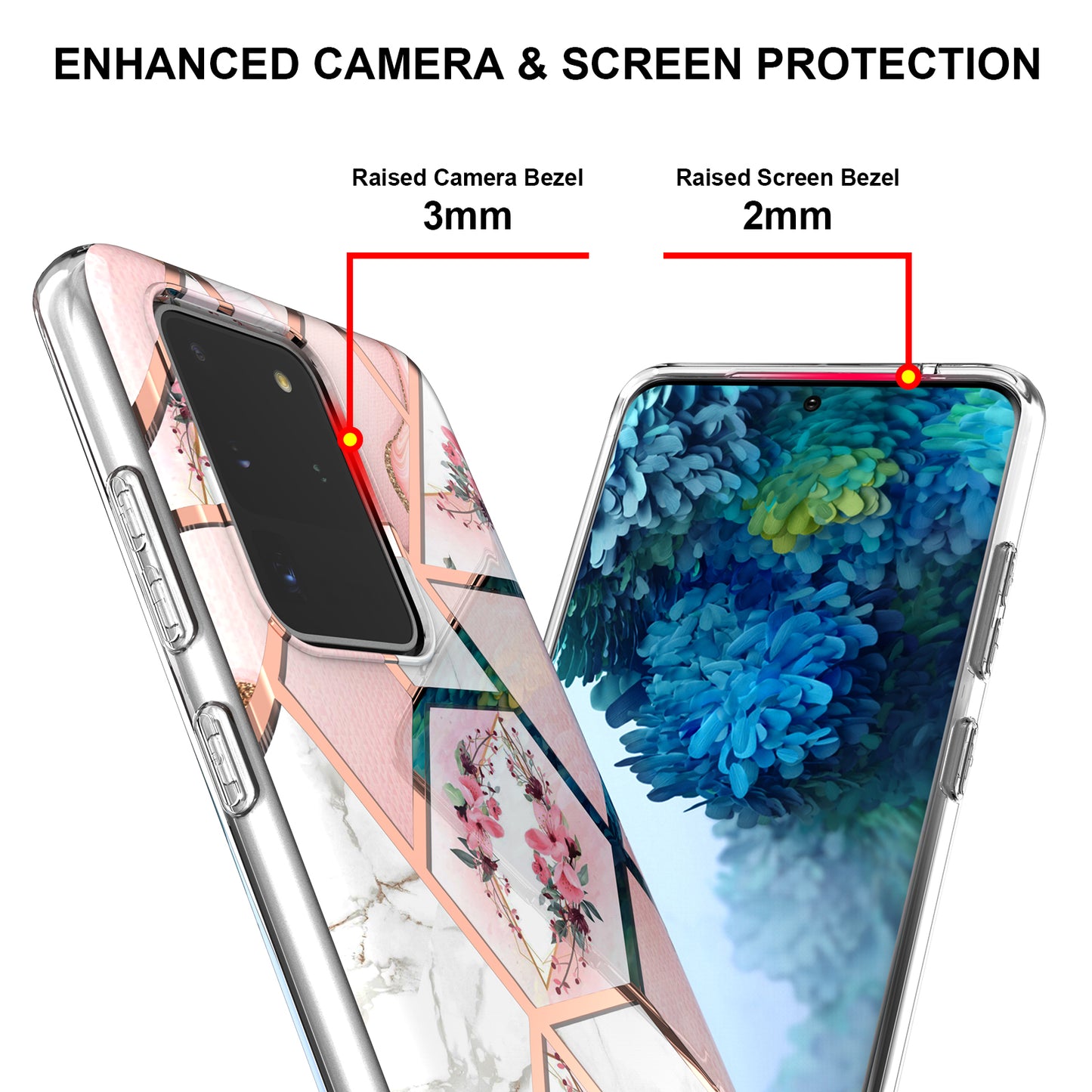 Light Slim Marble Design Electroplating Skin Touch IMD IML Soft TPU Phone Case Cover for Samsung Galaxy S20 Ultra - Pink Flowers