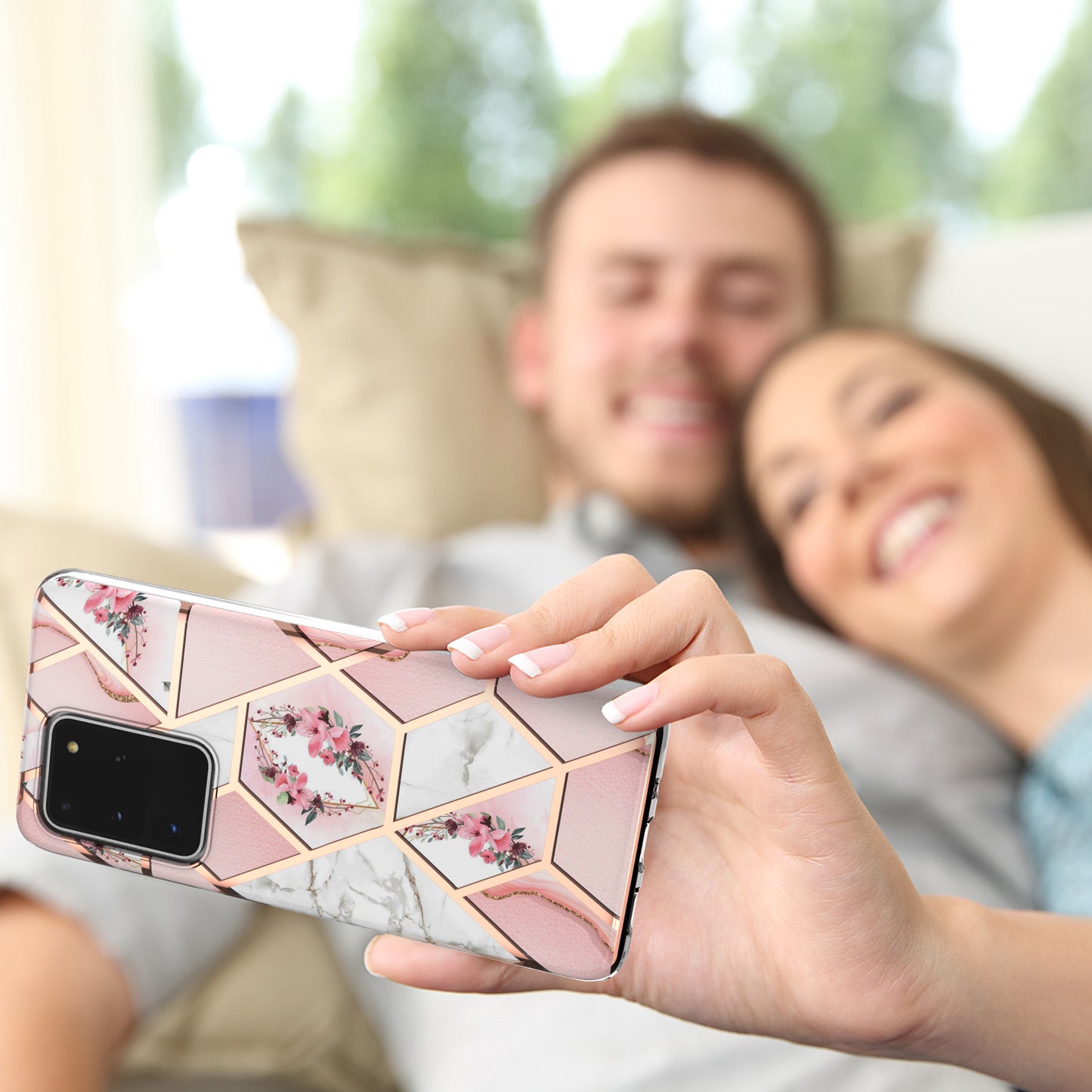 Light Slim Marble Design Electroplating Skin Touch IMD IML Soft TPU Phone Case Cover for Samsung Galaxy S20 Ultra - Pink Flowers