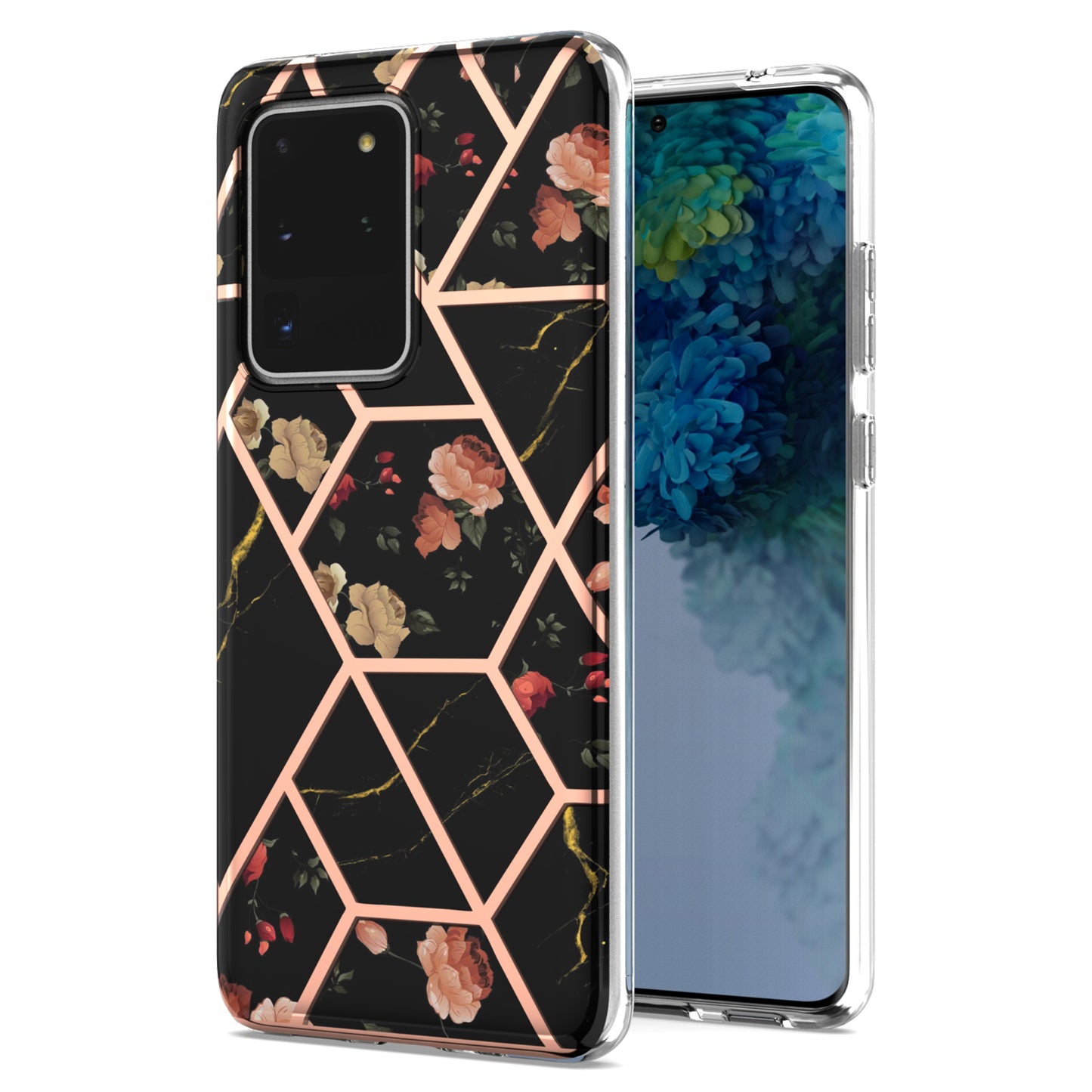 Light Slim Marble Design Electroplating Skin Touch IMD IML Soft TPU Phone Case Cover for Samsung Galaxy S20 Ultra - Black Flowers