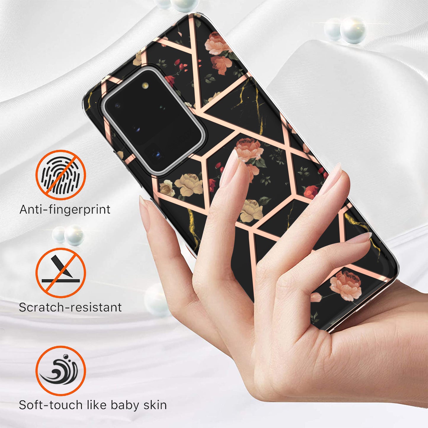Light Slim Marble Design Electroplating Skin Touch IMD IML Soft TPU Phone Case Cover for Samsung Galaxy S20 Ultra - Black Flowers