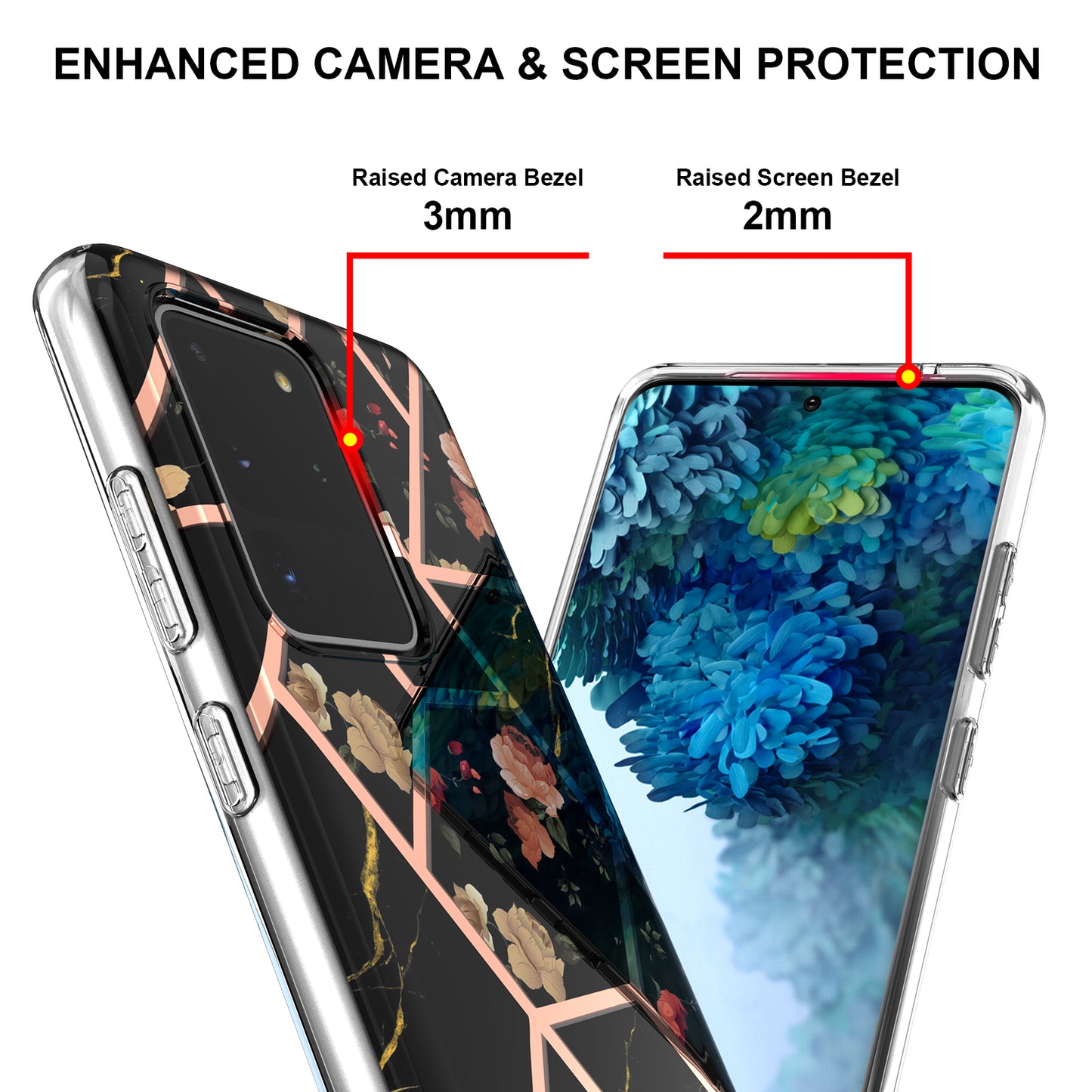 Light Slim Marble Design Electroplating Skin Touch IMD IML Soft TPU Phone Case Cover for Samsung Galaxy S20 Ultra - Black Flowers