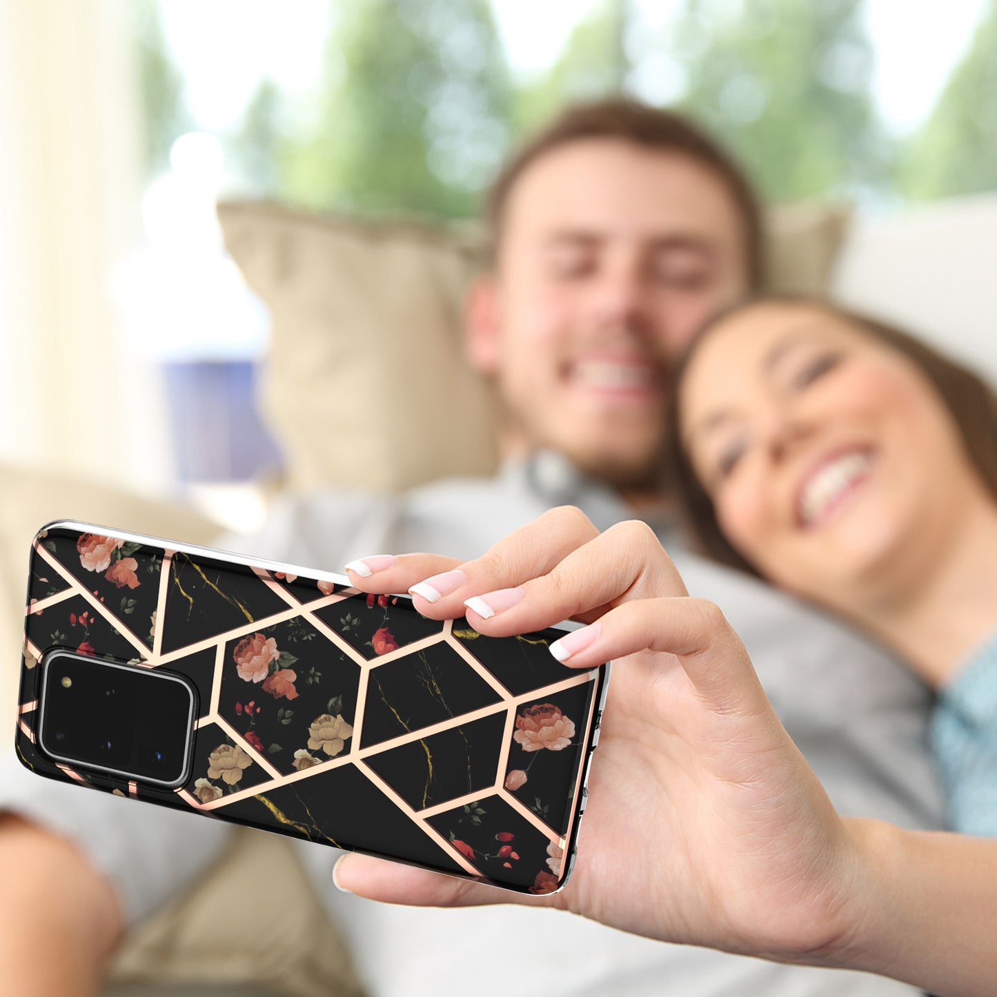 Light Slim Marble Design Electroplating Skin Touch IMD IML Soft TPU Phone Case Cover for Samsung Galaxy S20 Ultra - Black Flowers