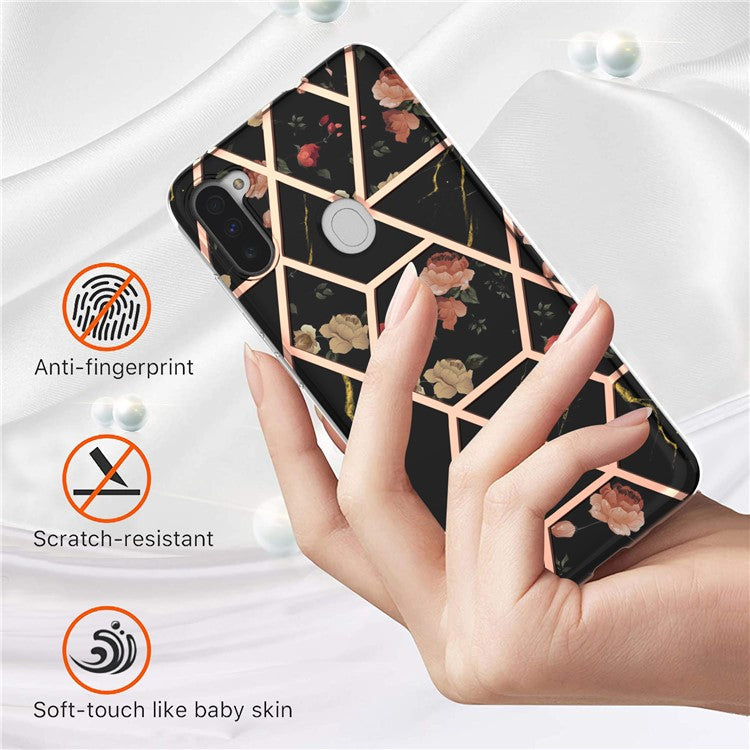 Drop-proof Slim Marble Design IML IMD Electroplating Soft TPU Phone Case for Samsung Galaxy M11/A11 (EU Version) - Black Flowers
