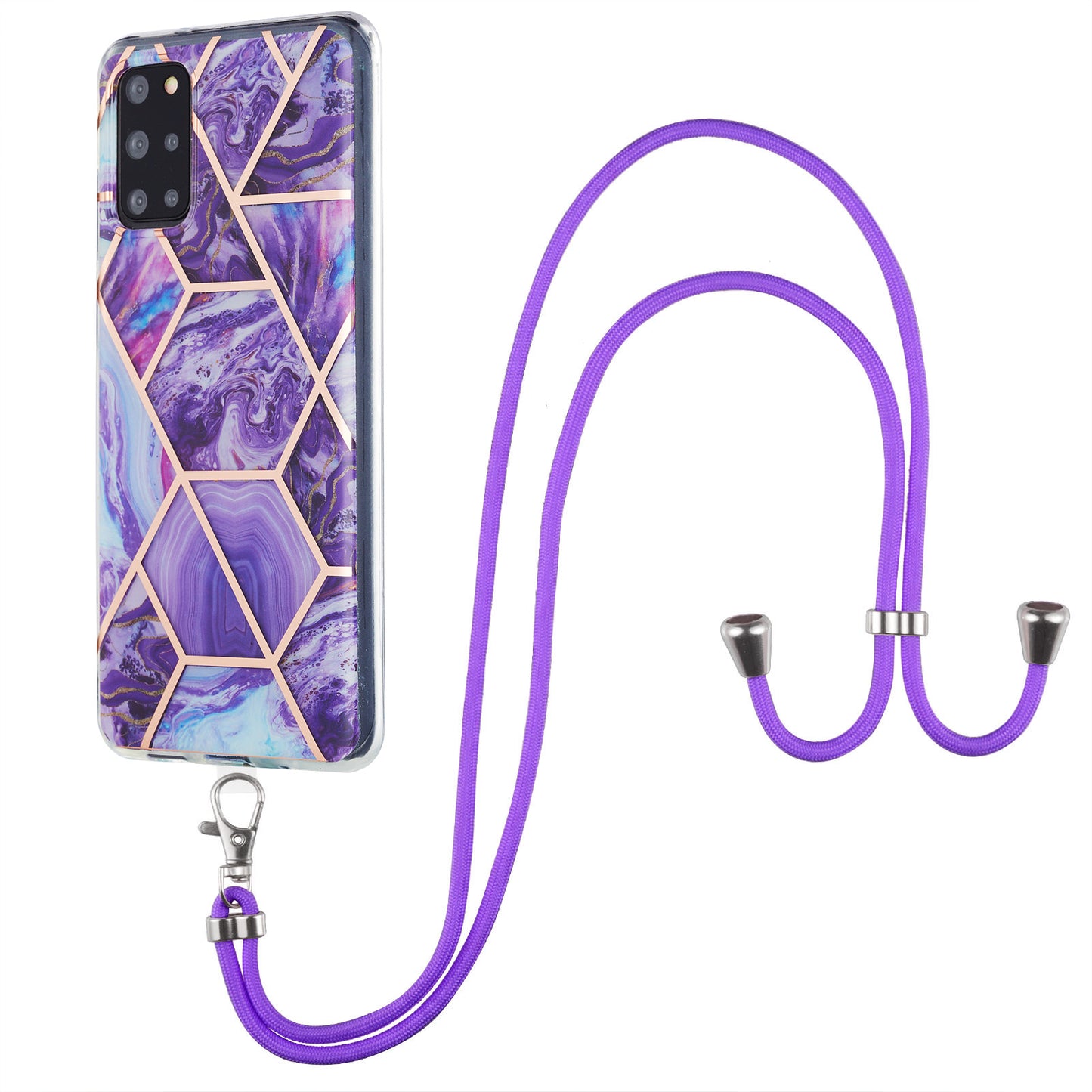 2.0mm IMD TPU Phone Cover Anti-Fall Electroplating IML Marble Pattern Case + Lanyard for Samsung Galaxy S20 Plus 4G/5G - Dark Purple