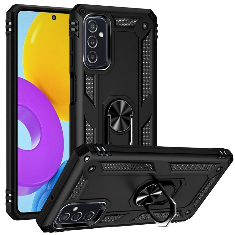 Ring Holder Kickstand Scratch-resistant Anti-drop Phone Cover PC + TPU Hybrid Case with Built-in Metal Sheet for Samsung Galaxy M52 5G - Black
