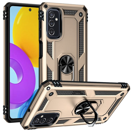 Ring Holder Kickstand Scratch-resistant Anti-drop Phone Cover PC + TPU Hybrid Case with Built-in Metal Sheet for Samsung Galaxy M52 5G - Gold