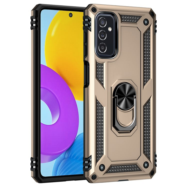 Ring Holder Kickstand Scratch-resistant Anti-drop Phone Cover PC + TPU Hybrid Case with Built-in Metal Sheet for Samsung Galaxy M52 5G - Gold