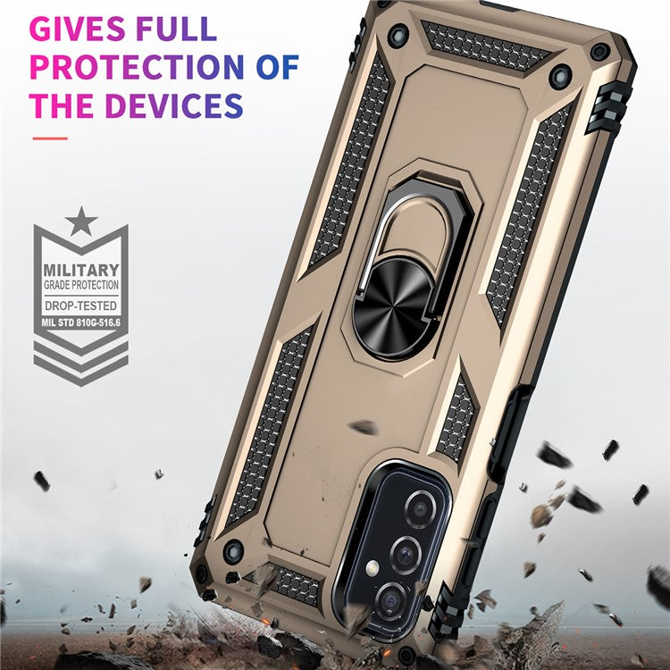 Ring Holder Kickstand Scratch-resistant Anti-drop Phone Cover PC + TPU Hybrid Case with Built-in Metal Sheet for Samsung Galaxy M52 5G - Gold