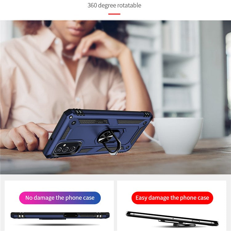 Ring Holder Kickstand Scratch-resistant Anti-drop Phone Cover PC + TPU Hybrid Case with Built-in Metal Sheet for Samsung Galaxy M52 5G - Blue