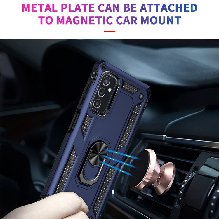 Ring Holder Kickstand Scratch-resistant Anti-drop Phone Cover PC + TPU Hybrid Case with Built-in Metal Sheet for Samsung Galaxy M52 5G - Blue