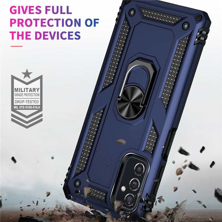 Ring Holder Kickstand Scratch-resistant Anti-drop Phone Cover PC + TPU Hybrid Case with Built-in Metal Sheet for Samsung Galaxy M52 5G - Blue