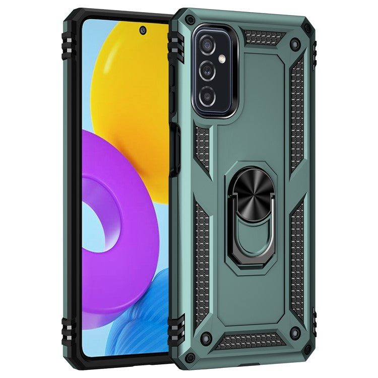 Ring Holder Kickstand Scratch-resistant Anti-drop Phone Cover PC + TPU Hybrid Case with Built-in Metal Sheet for Samsung Galaxy M52 5G - Blackish Green