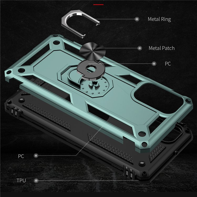 Ring Holder Kickstand Scratch-resistant Anti-drop Phone Cover PC + TPU Hybrid Case with Built-in Metal Sheet for Samsung Galaxy M52 5G - Blackish Green