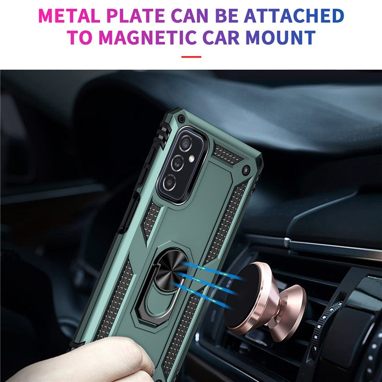 Ring Holder Kickstand Scratch-resistant Anti-drop Phone Cover PC + TPU Hybrid Case with Built-in Metal Sheet for Samsung Galaxy M52 5G - Blackish Green